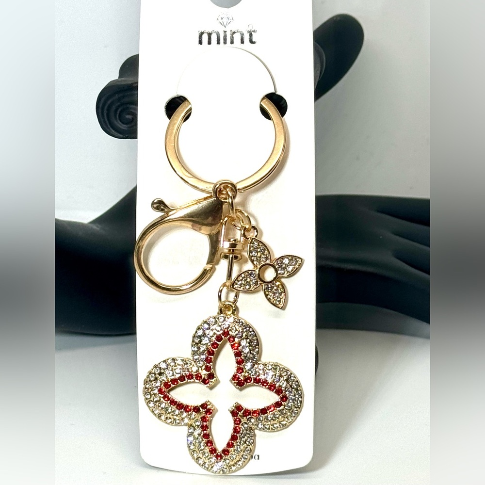 BAG CHARM Crystal Clover Keychain Charm - Red & Gold Accent